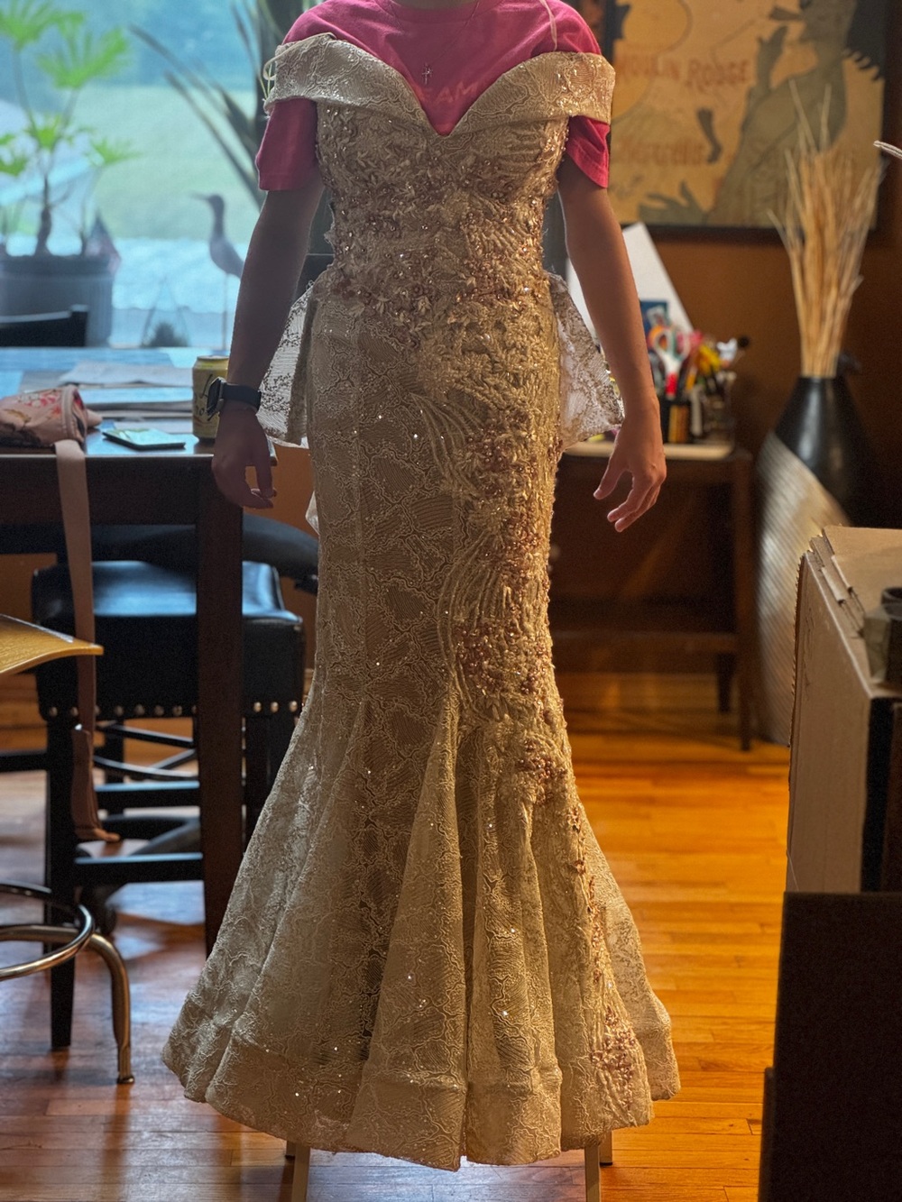 Prom silver and pink beaded mermaid dress